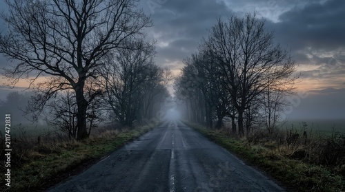 Empty road through a foggy forest. Dark mysterious path in autumn at twilight.