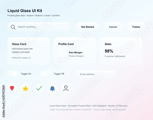 Liquid Glass UI Kit Vector - Frosted Glass Search Bar Buttons Cards Toggles Icons Modern Interface Elements