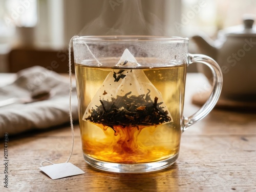 Clear glass mug with hot herbal tea bag steeping in warm water on a rustic wooden table in a cozy kitchen setting