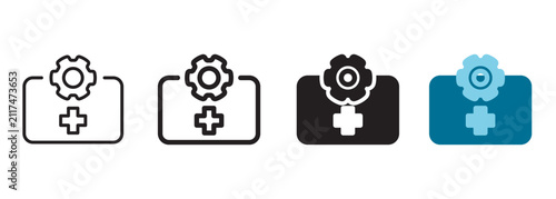 First aid kit icon with medical cross symbol and top gear cog wheel representing smart factory workplace health emergency response, digital manufacturing safety compliance, and medical tech.