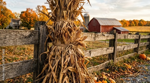 Autumn corn stalks by a wooden fence. Fall harvest scene with a rustic red barn background.