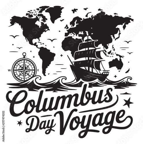 Columbus Day voyage illustration depicts a detailed sailing ship navigating turbulent waves in front of a world map, accompanied by a compass rose and stars to celebrate historical exploration.