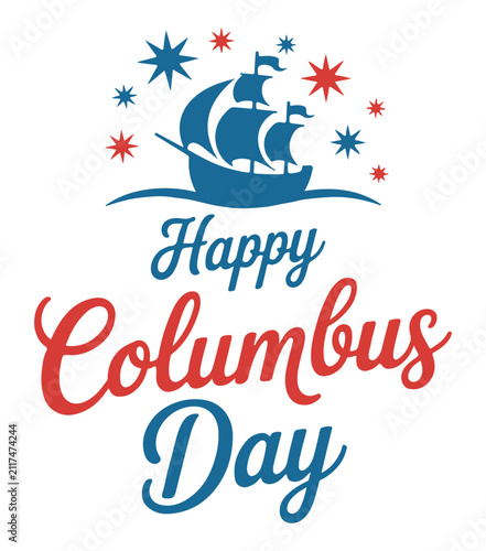 Columbus Day graphic design features a stylized sailing vessel surrounded by festive stars, celebrating the historic maritime voyage with bold red and blue typography on a clean white background.