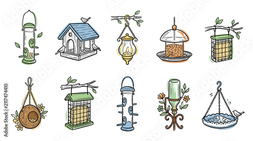 Collection of decorative bird feeders for outdoor gardens and wildlife
