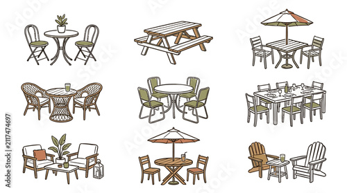 Collection of outdoor furniture arrangements for dining and leisure