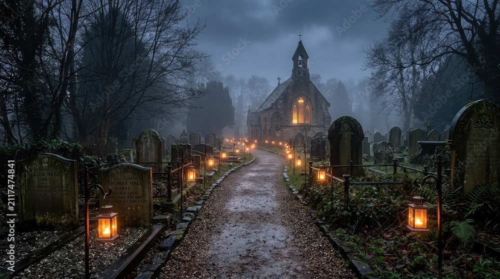 Naklejka premium Misty graveyard with glowing lanterns on Halloween night. Spooky cemetery scene featuring fog, tombstones, and eerie illumination for horror themes.