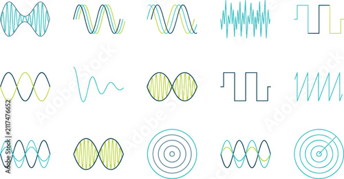 Fotografía Sound Waveforms and Audio Signal Icons Collection Featuring Frequency, Oscillati