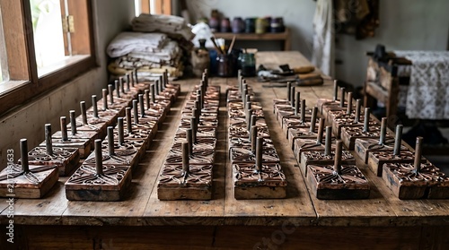 Obraz na płótnie Traditional copper batik stamps on a workshop table