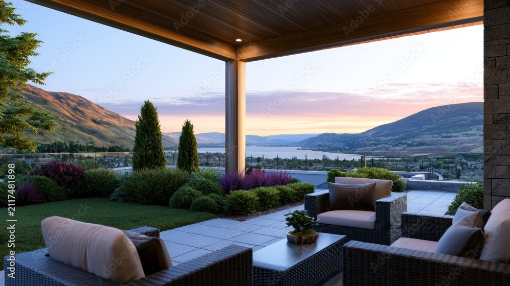 Fototapeta premium Patio overlooks scenic mountain, lake, and garden view at sunset, featuring modern outdoor furniture setup
