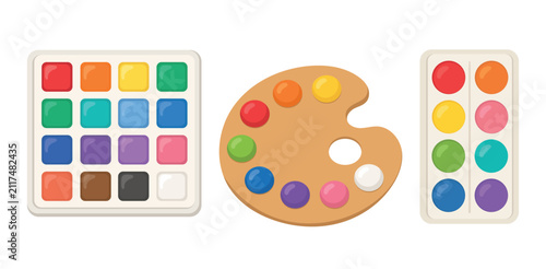 Flat vector collection of artist paint palettes including watercolor tray, wooden mixing palette, and compact paint set. Creative art supplies isolated on a white background.
