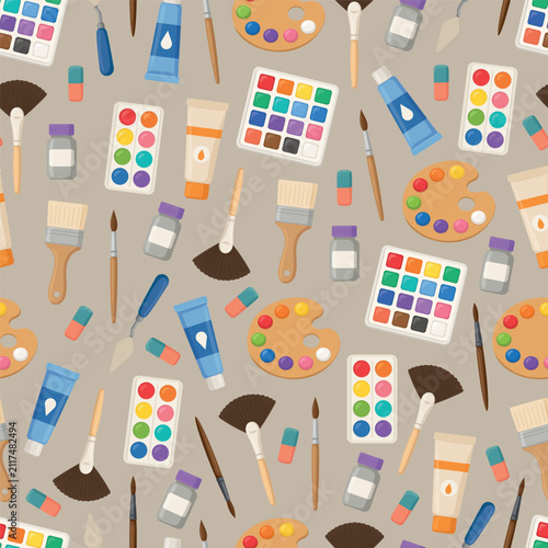 Seamless pattern featuring colorful artist supplies including paint brushes, palettes, watercolor sets, paint tubes, jars, erasers, and palette knives in flat vector style.