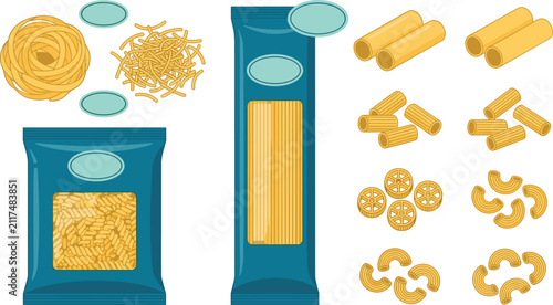 Foto Italian pasta vector set featuring spaghetti packaging fusilli macaroni rigatoni