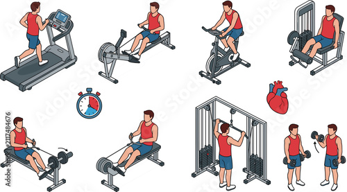 Canvastavla Isometric gym fitness equipment vector set with treadmill rowing machine station