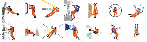 Fotografía Set of vector illustrations featuring astronauts in orange flight suits performing various tasks and activities in outer space and inside a space station environment
