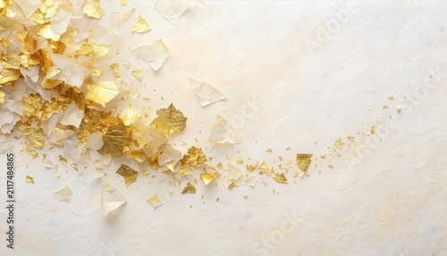 Luxury White Washi Background with Flowing Gold Leaf Accents