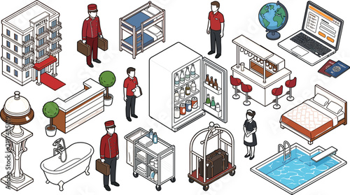 Foto Isometric hotel services and hospitality business vector set with building recep