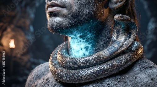 Macro close up of Lord Shiva glowing blue throat Neelkanth and cobra