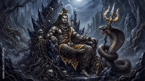 Dark Mahakal Shiva sitting on throne of skulls with giant cobra