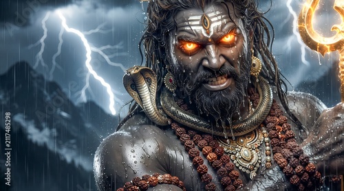 Fierce Lord Shiva Rudra avatar with glowing eyes during thunderstorm