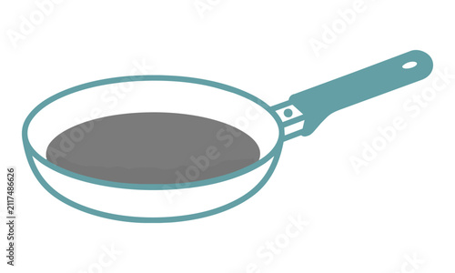Simple frying pan icon with clean monoline stroke and solid color fill isolated on a white background, culinary and kitchen equipment concept