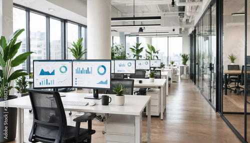 Modern office interior with desks and computers with business charts in a bright workplace