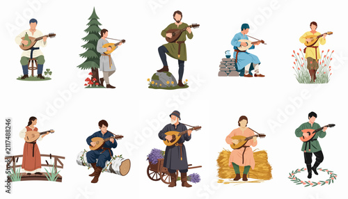 Bild auf Leinwand Collection of medieval minstrels and bards playing lutes in various outdoor settings, flat vector illustration style on white background