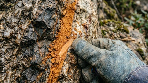Geologist Hand Examining a Mineral Vein in Rugged Bedrock