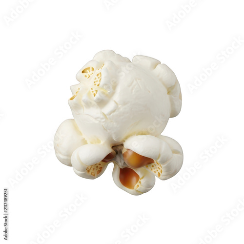 Single piece of freshly popped popcorn kernel on white background