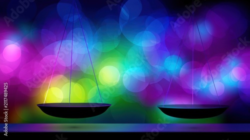 Silhouetted scales float against vibrant bokeh lights in a balance-themed abstract illustration