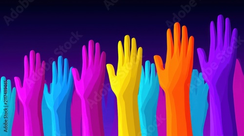 Colorful upward-reaching hands on dark backdrop celebrate unity and diversity in vivid spectrum hues