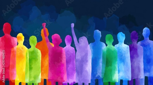 Vibrant silhouettes in a colorful protest scene raise fists against a dark background conveying activism