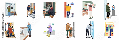 Quadro su tela Photographers Capturing Shop Window Displays and Storefront Scenes in a Flat Ill