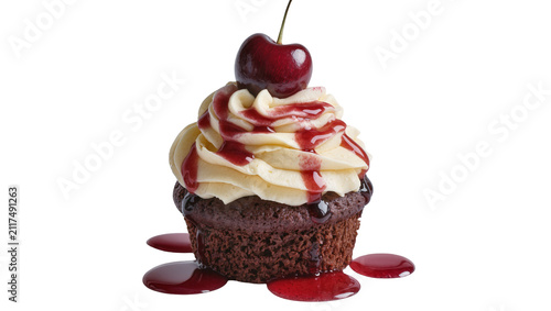 Fotografie Chocolate cupcake with cream frosting cherry topping and red syrup, isolated on