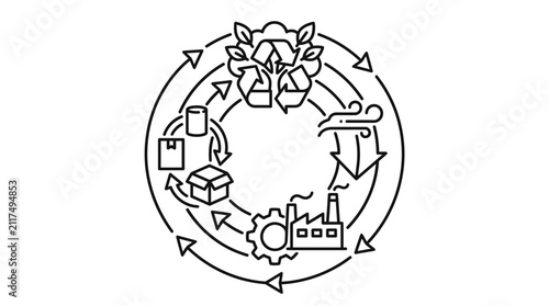 Modern Circular Economy Diagram Sustainable Recycling Process with Factory Human Plant and Product Icons in Monochrome