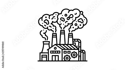 Clean Black and White Line Drawing of Industrial Factory with Smokestacks and Pollution Clouds with high quality professional line art symbols for modern creative design and digital branding projects