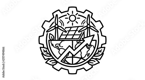 Professional Black and White Gear Shaped Emblem Featuring Wind Turbines Solar Panels Globe and Industrial Elements