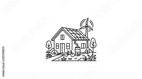 Modern Minimalist Line Drawing of Eco Friendly House with Solar Panels Wind Turbine and Bicycle