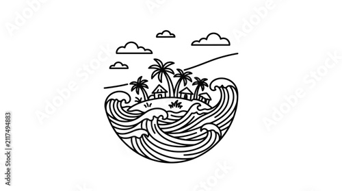 Minimalist Black and White Line Drawing of Tropical Island Surrounded by Waves with Palm Trees and Small Houses