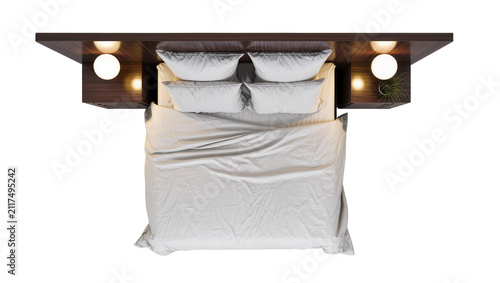 Canvastavla Modern bedroom with dark wood headboard bedside tables lamps and pillows, isolat