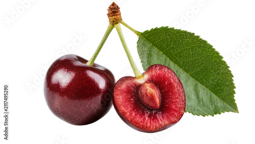 Quadro su tela Two ripe dark red cherries one halved showing seed and pulp, isolated on transpa