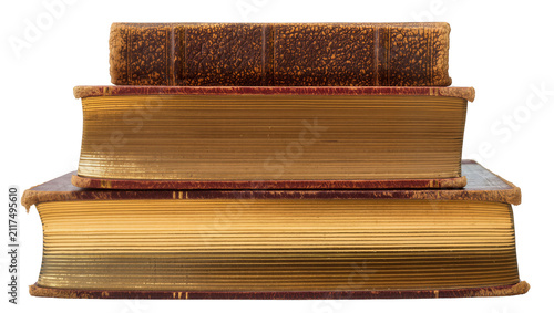 Foto Stack of three antique leather-bound books with gilded pages, isolated on transp