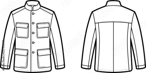 Technical fashion sketch of a mens utility jacket with four pockets and a stand up collar