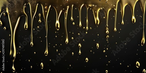 Gold liquid streams flow across a deep black backdrop to produce a striking visual contrast effect.