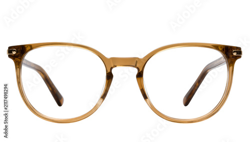 Foto Round brown acetate eyeglasses with tortoise pattern temples, isolated on transp