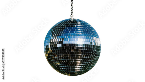 Canvas Print Shiny disco ball covered in small mirrored squares hanging by a chain, isolated