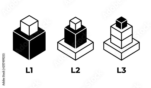 Black and White Isometric Blockchain Layers Vector Icon Set