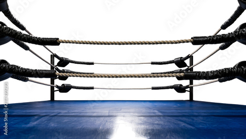 Obraz na płótnie Boxing ring with thick ropes and blue mat, isolated on transparent background