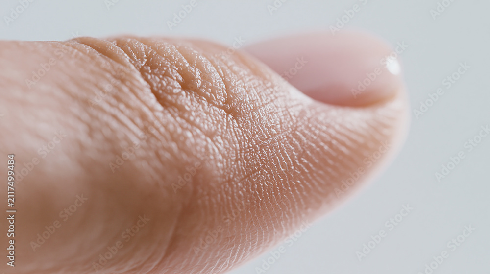 Fototapeta premium An extreme macro photograph captures the natural texture of a human finger, highlighting fine skin lines, creases.
