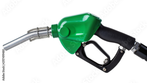 Canvastavla Green fuel nozzle with metal spout and black handle, isolated on transparent bac