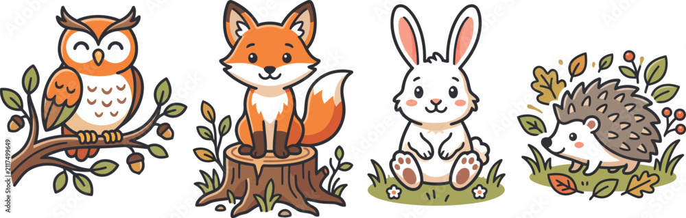 Fototapeta premium Cute cartoon forest animals set including an owl on a branch a fox on a stump a rabbit and a hedgehog in autumn